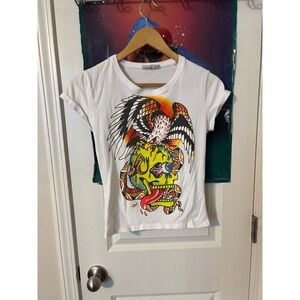 Riflessi White Graphic T Shirt Eagle Skull Snake Print Womens Large y2k 2000s